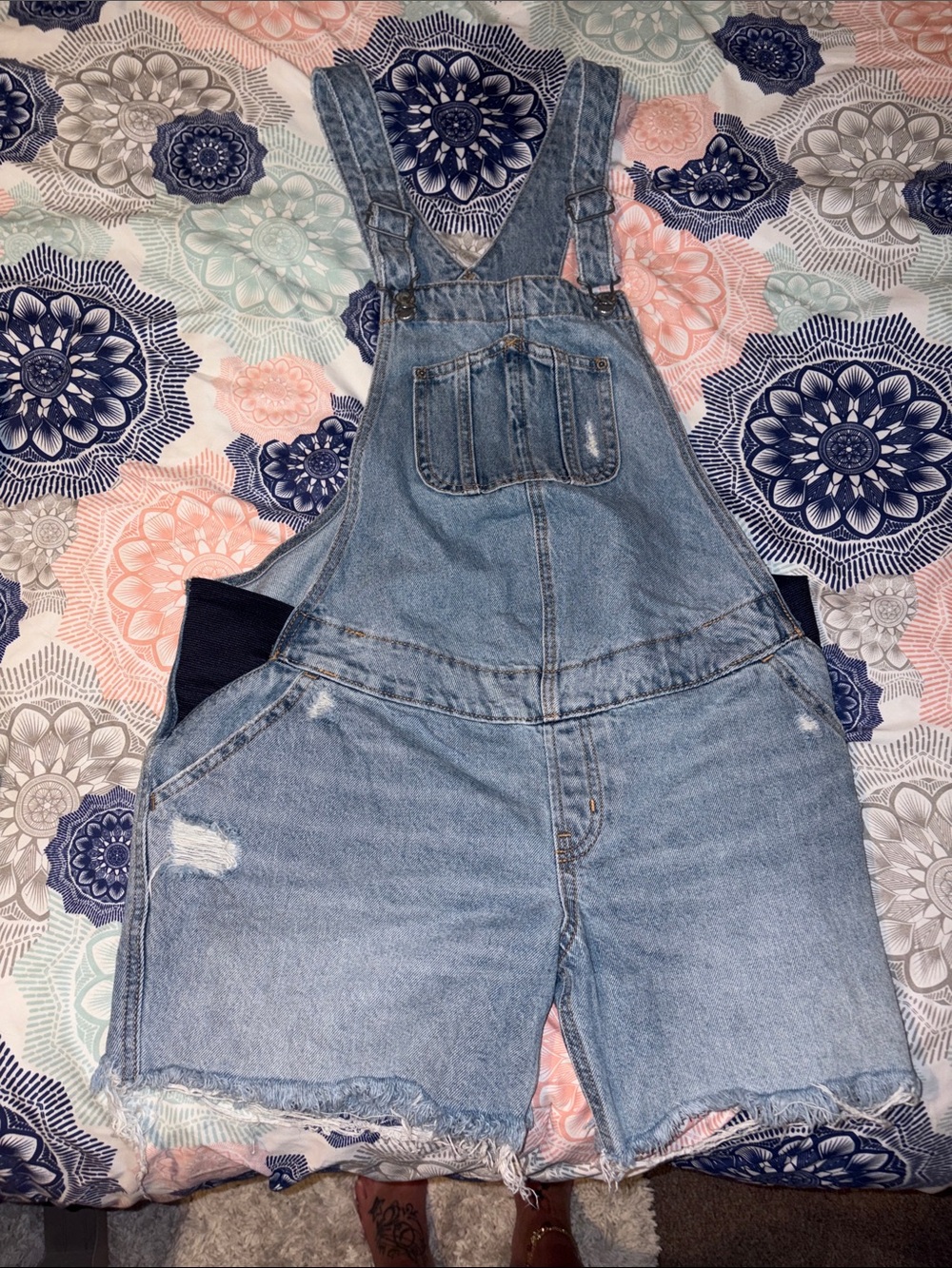 Light Blue Distressed Denim Short Maternity Overalls